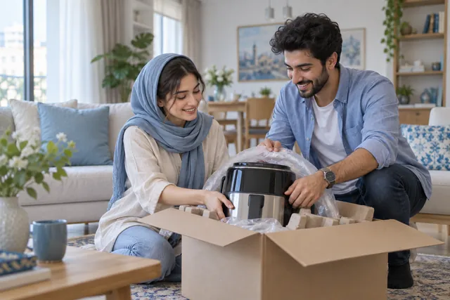 زوج جوانی که جعبهٔ یک وسیلهٔ آشپزخانه را باز می‌کنند