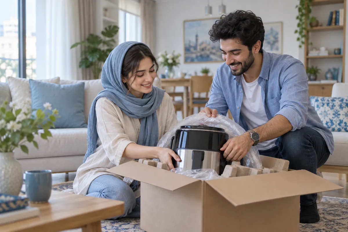 زوج جوانی که جعبهٔ یک وسیلهٔ آشپزخانه را باز می‌کنند